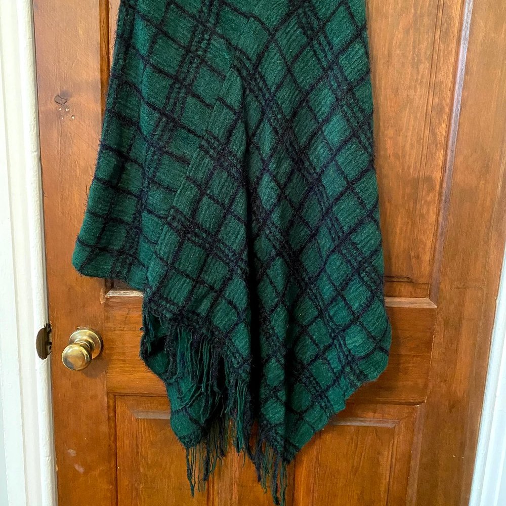 Super Soft Green and Black Poncho with Fringe